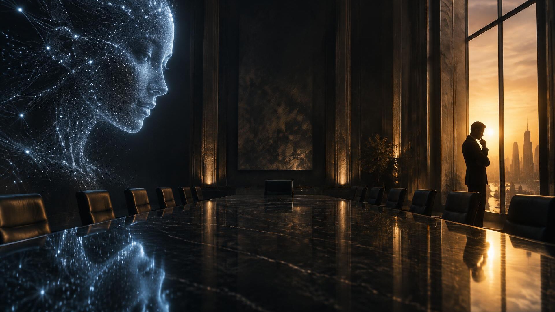 A dark, monumental boardroom with a long reflective table. On the left, a luminous face made of cool blue-white points of light; on the right, a lone executive stands in silhouette by a window in warm amber light, deep in thought.