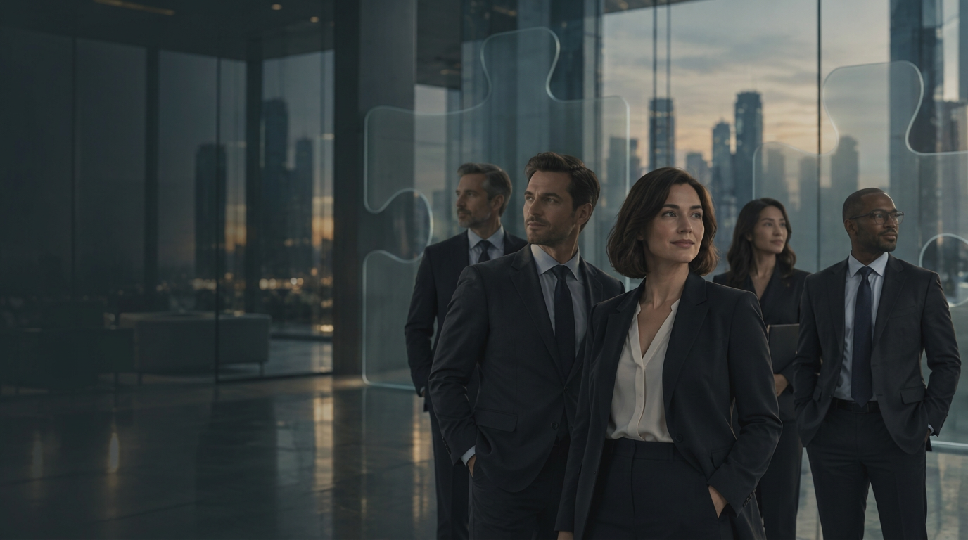 A small group of professionals in a quiet, modern glass interior, seen in soft muted light.