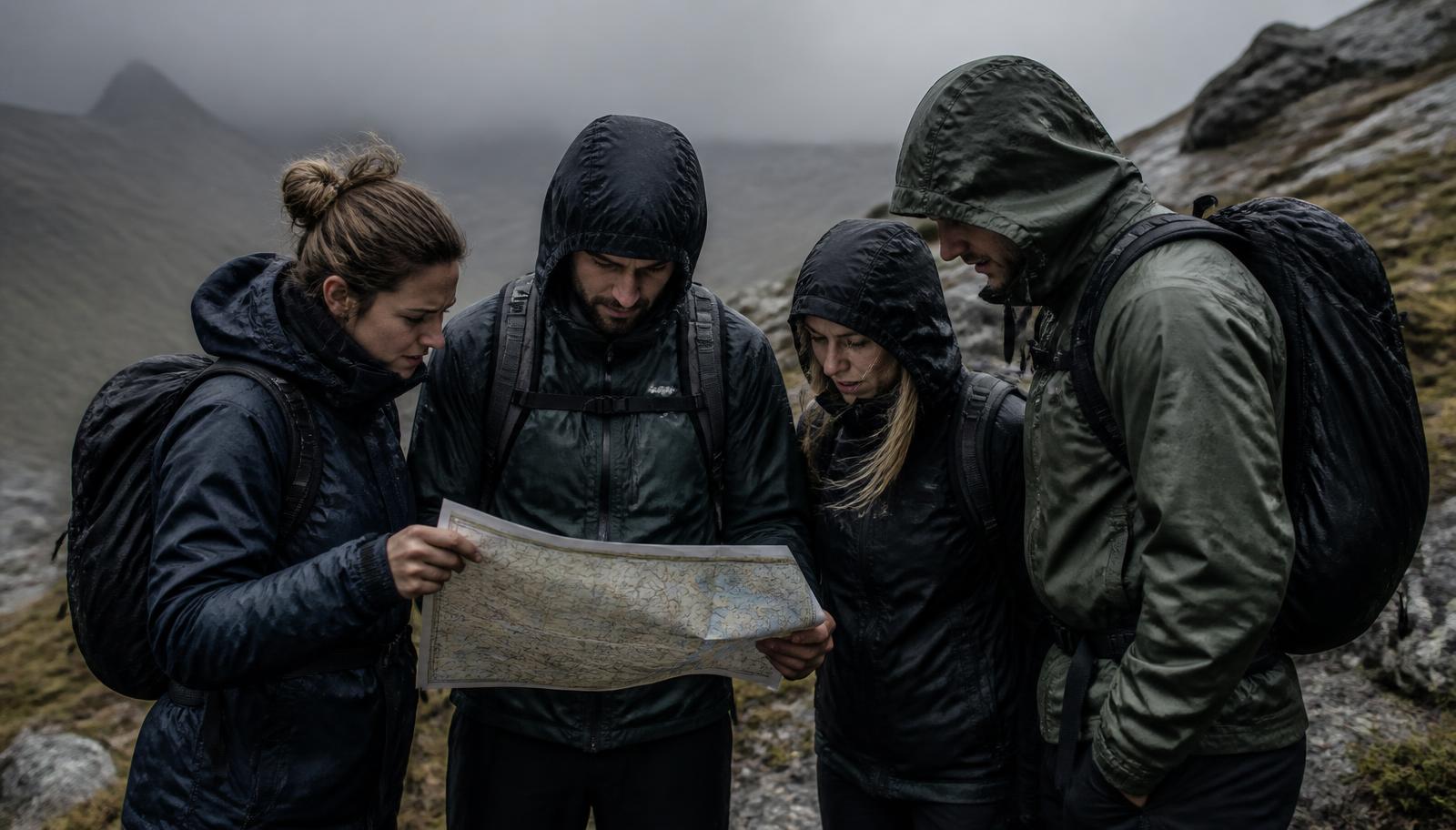 Four leaders in rain shells standing on rocky terrain, reading a paper map together in drizzle.