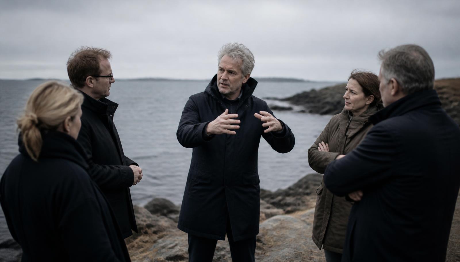 A leadership team in candid discussion on a grey shoreline, one speaking while the others listen.