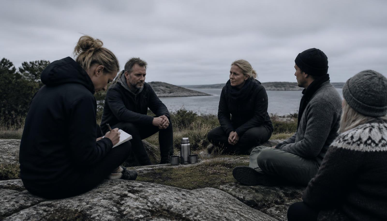 Leaders seated on rock in a loose circle outdoors, one taking notes during a facilitated conversation.
