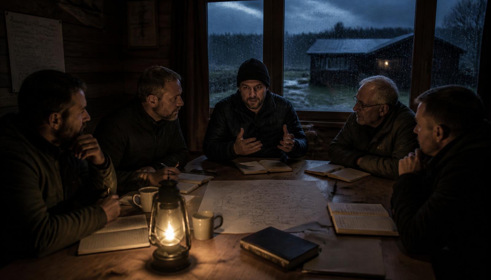 The same team in a plain wooden lodge at dusk, working on a hand-drawn diagram around a table.